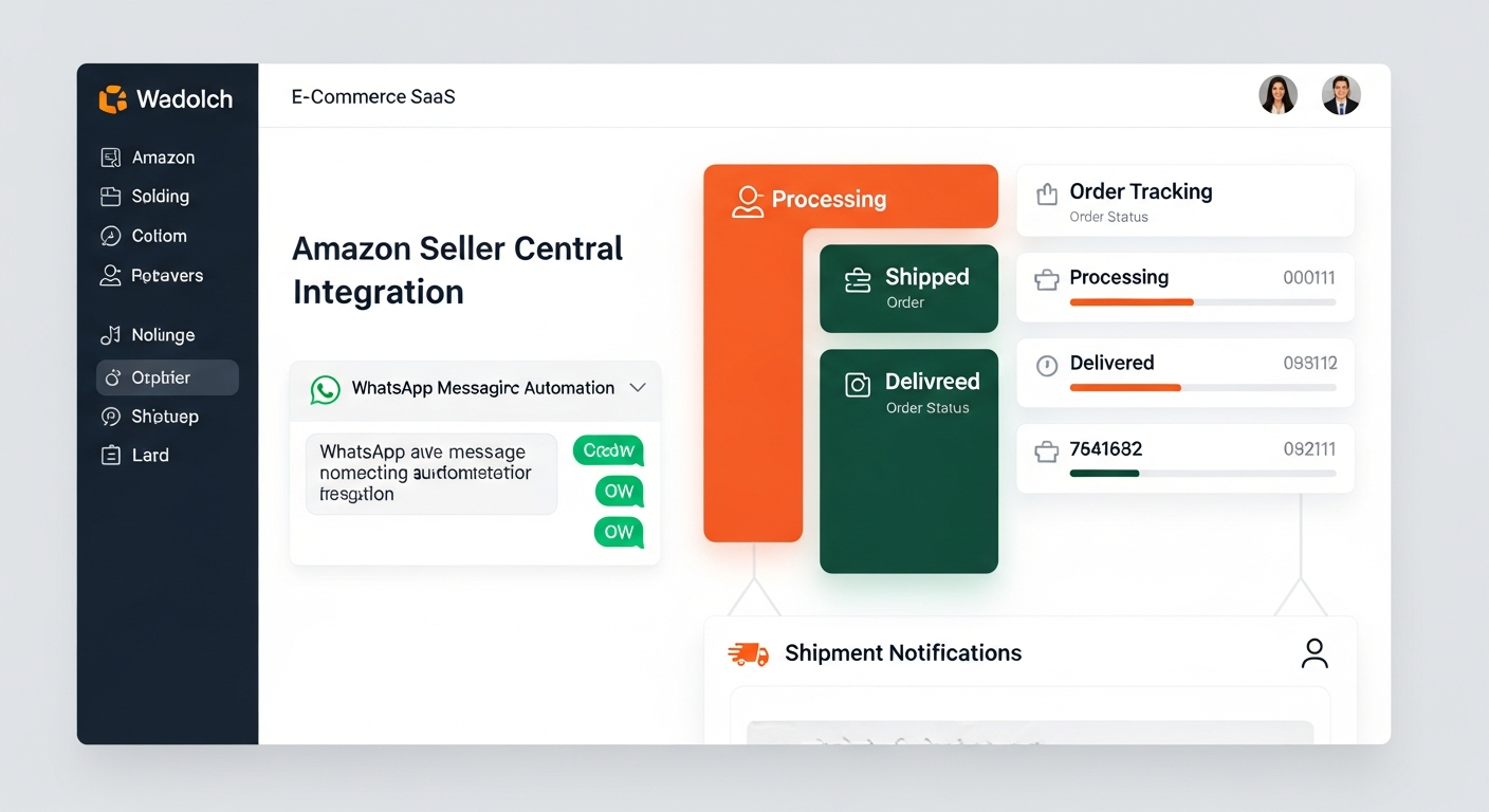 Amazon Seller WhatsApp Integration Dashboard showing order notifications and automation rules