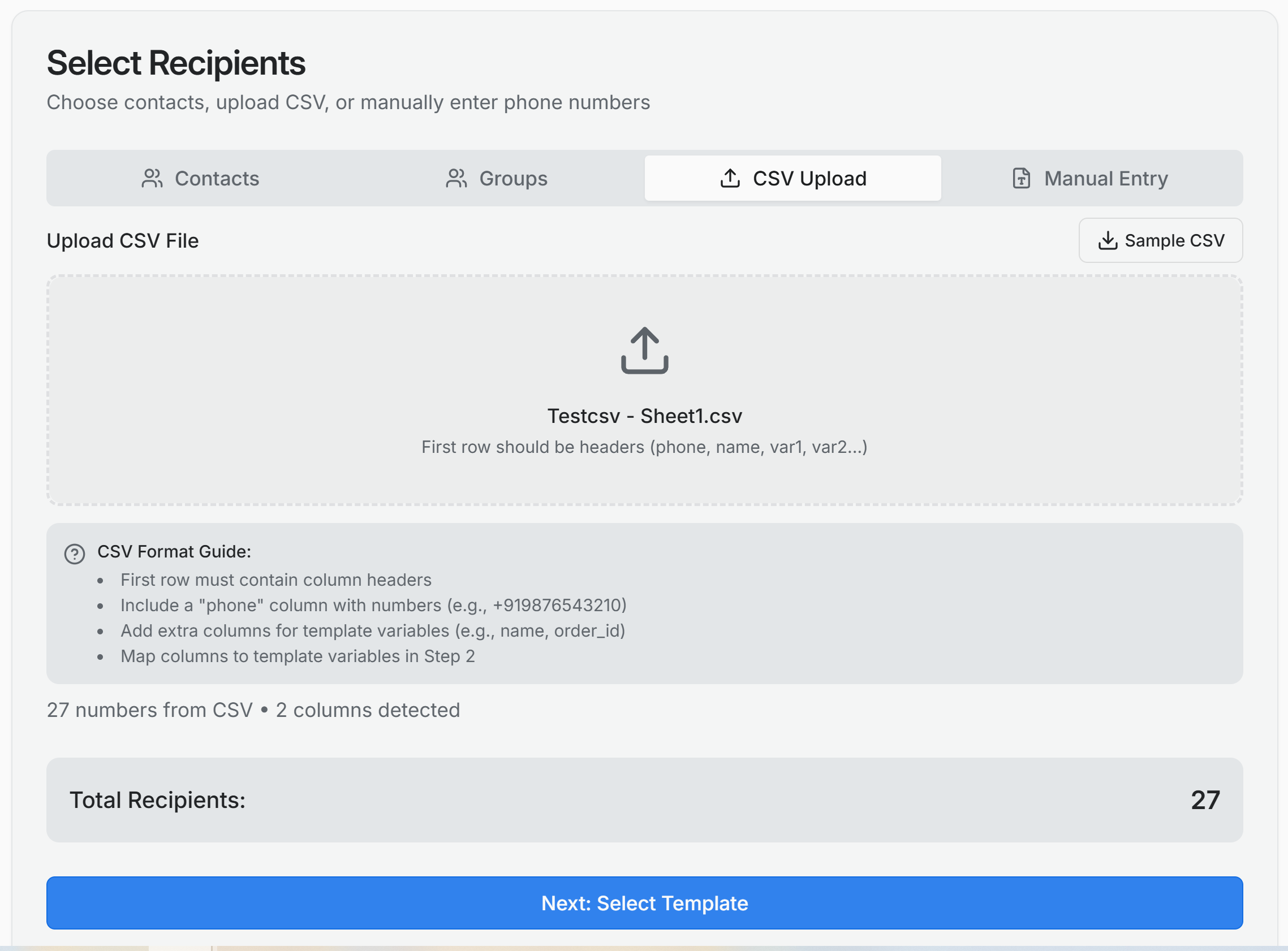 WhatsApp Bulk Message Sender - CSV Upload Recipients